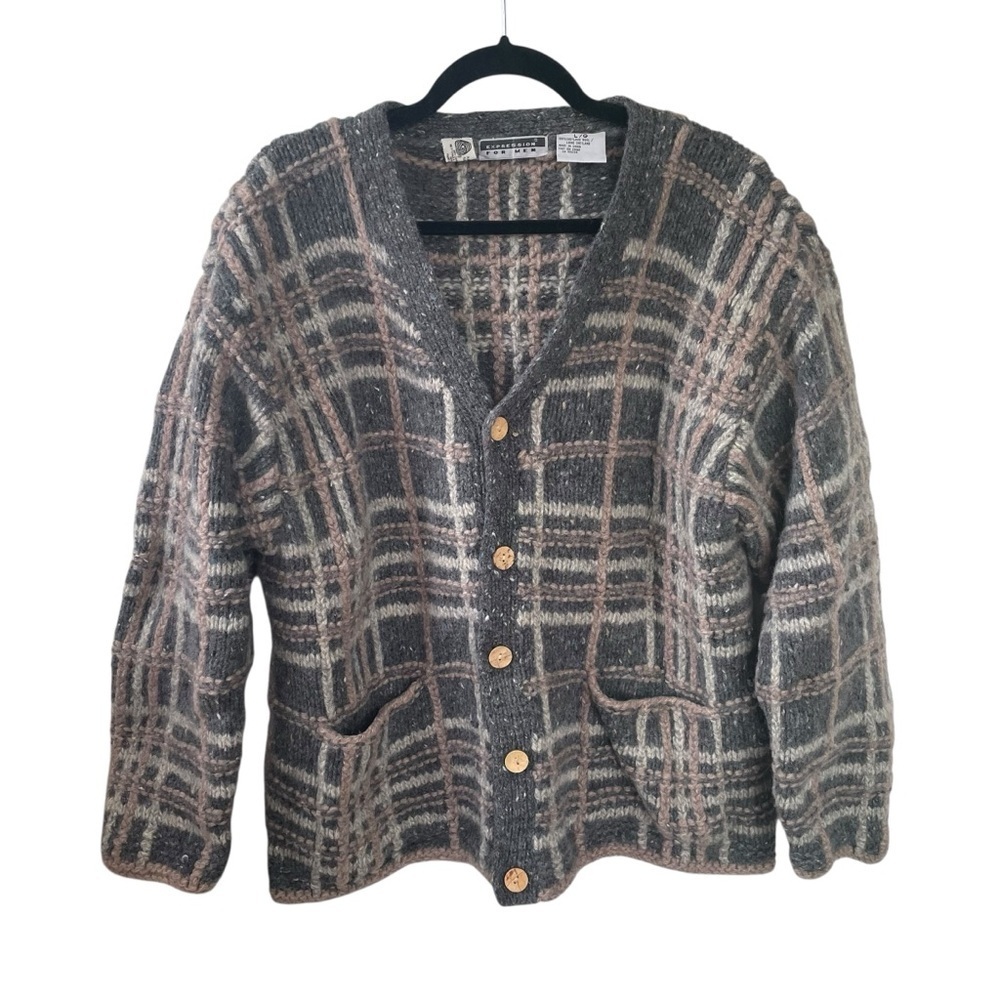 VINTAGE Men's Plaid Button Front Shetland Wool Cardigan Sweater Grey L